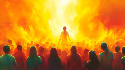 Fototapeta premium A Crowd Gathers Before a Radiant Figure Bathed in Golden Light, an Illustration of Hope and Inspiration.