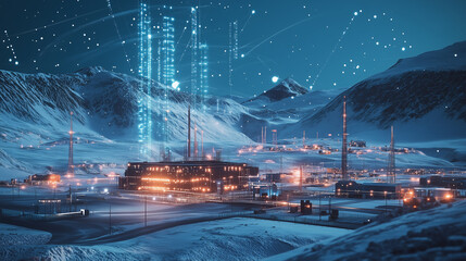 Superconducting quantum computer at an Arctic research station processing climate simulations, displaying 3D hurricane models interacting with real-time satellite feeds and glowing data streams 