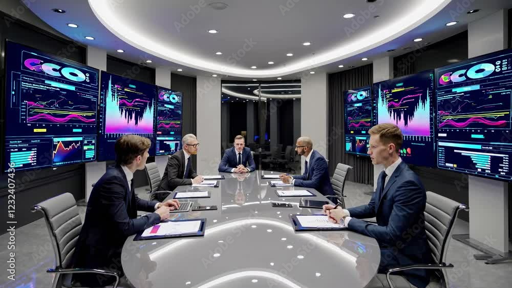 Poster high-tech business meeting with futuristic holograms and data analysis in sleek conference room