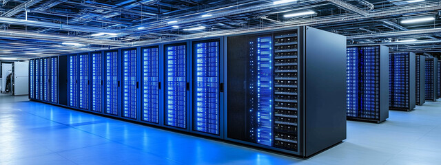 Ultra-modern data center with AI server racks, engineers monitoring holographic dashboards displaying neural network performance, and blue-lit cooling system vents.