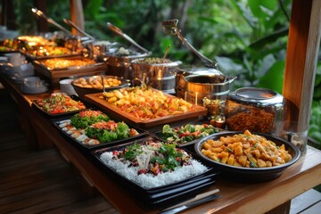 Obraz premium A tropical buffet overflowing with exotic fruits like pineapples, mangoes, papayas, and coconuts