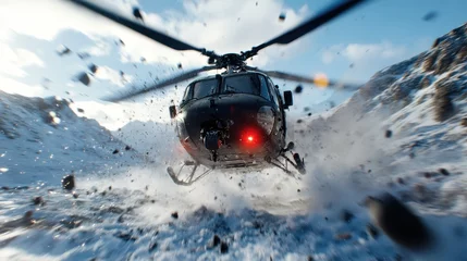 Fototapeten A helicopter hovers above a snow-covered mountain landscape, highlighting the exhilarating nature of adventure and exploration amidst stunning wilderness. © JoxyAimages