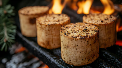 Grilled cheese rounds cook over an open fire with a blurred evergreen branch in the background.