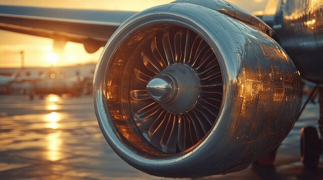Close-up of a shiny airplane engine with a blurred sunset in the background.