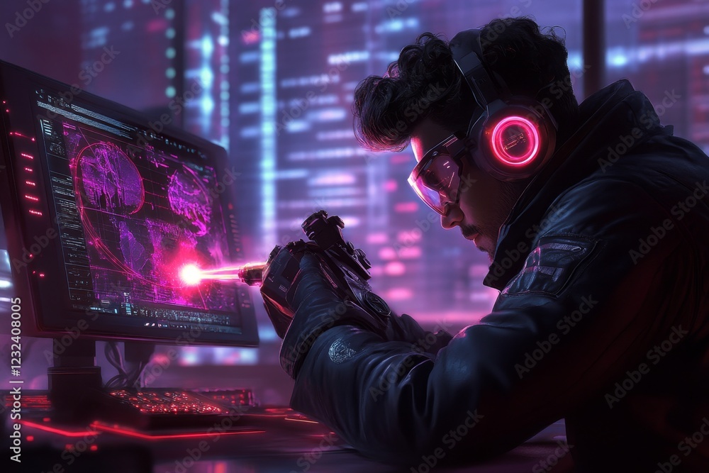 Poster a vibrant 3d depiction of a scientist calibrating a glowing laser beam in a sleek, high-tech laborat