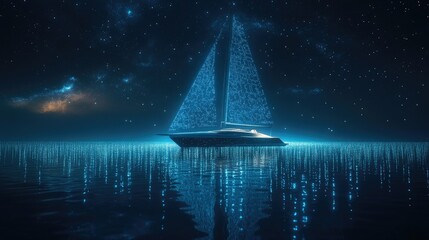 A digital sailboat with a glowing trail and reflection under a starry night sky.