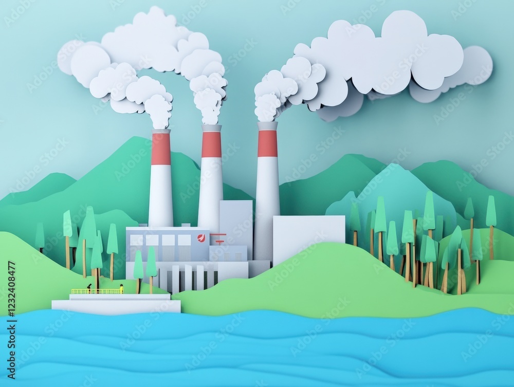Aufkleber paper art representation of a factory with smoke stacks surrounded by trees in a creative design