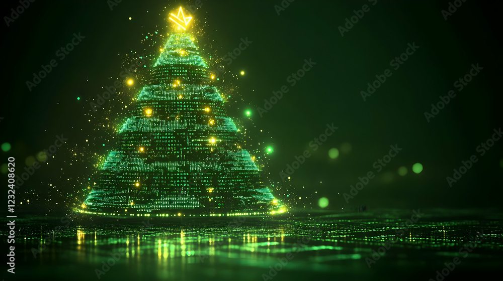 Poster digital christmas tree illuminates with data streams, casting a festive glow on a virtual landscape