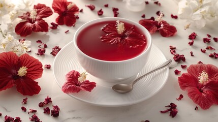 Hibiscus teacup, floral setting, sunlight, beverage, wellness