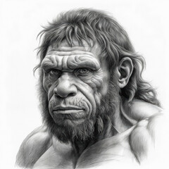 Pencil drawing portrait of Neanderthal man.