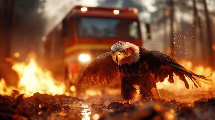 This captivating image depicts an eagle emerging from flames, showcasing the sheer power and drama of nature's elements in a gripping and surreal setting.