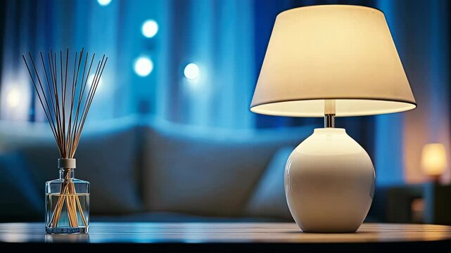 Soft light from a table lamp and a calming aroma from a diffuser create a warm atmosphere in a modern living space