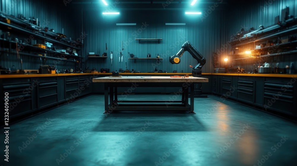 Aufkleber a high-tech robotic arm in a meticulously organized workshop. this impactful image emphasizes innova