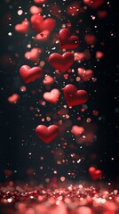 Red flat hearts in various sizes falling on a black background, creating a romantic and festive atmosphere with high-definition 8K resolution, perfect for celebrations and Valentine's Day.