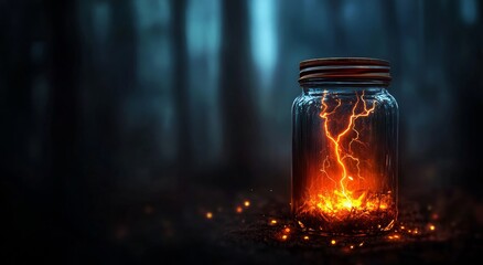 A glass jar holds bright orange sparks and energy, glowing against a blurred forest backdrop at twilight