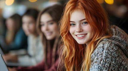 Red-haired Girl Smiles Brightly in Cafe with Friends in Background, Joyful Cafe Scene.
