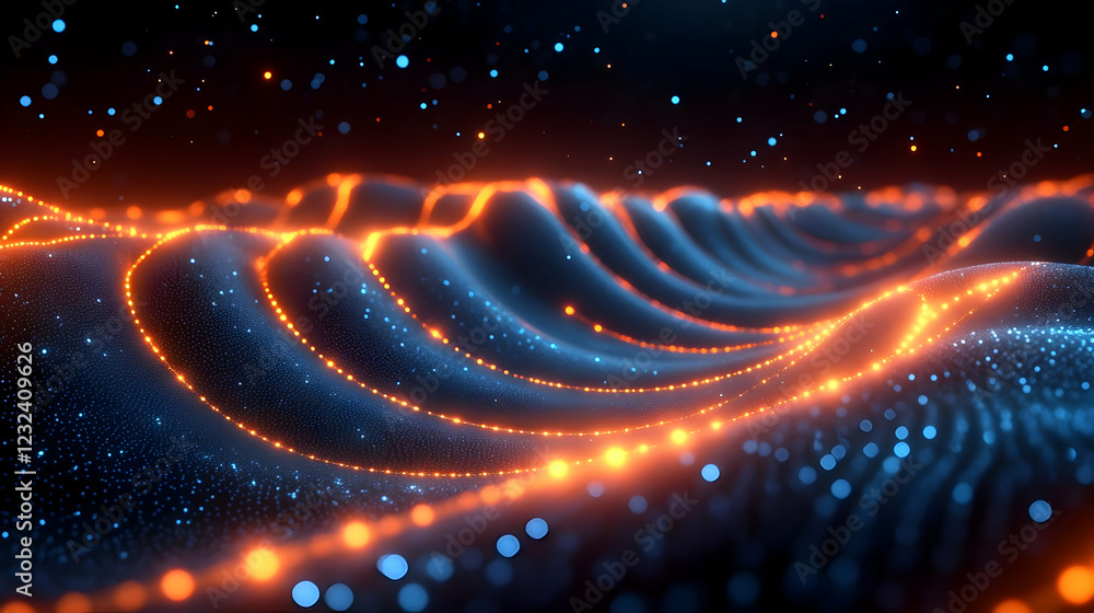 Poster abstract 3d landscape flows with glowing orange and blue particles dynamically