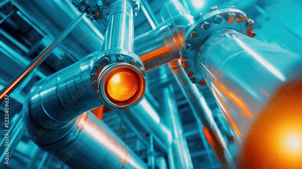 Poster this image showcases a network of industrial pipes illuminated by a glowing orange element, capturin