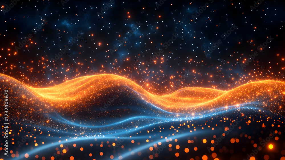 Poster abstract background flows with orange and blue particles dynamically beautifully