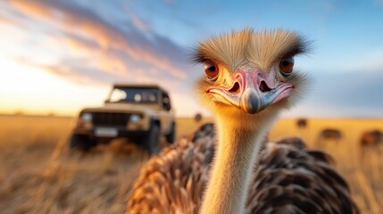 A close-up shot of a curious ostrich amidst a golden landscape, capturing the essence of wildlife in an accessible and engaging manner, perfect for nature enthusiasts.
