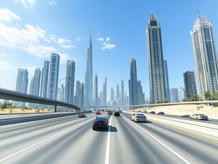 Naklejka premium Highway scene with multiple cars driving in different directions under a clear blue sky