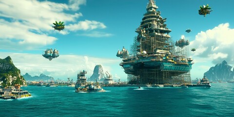 Obraz premium Futuristic Floating City with Skyships, Lush Greenery, and Clear Blue Ocean in a Vibrant Fantasy Landscape
