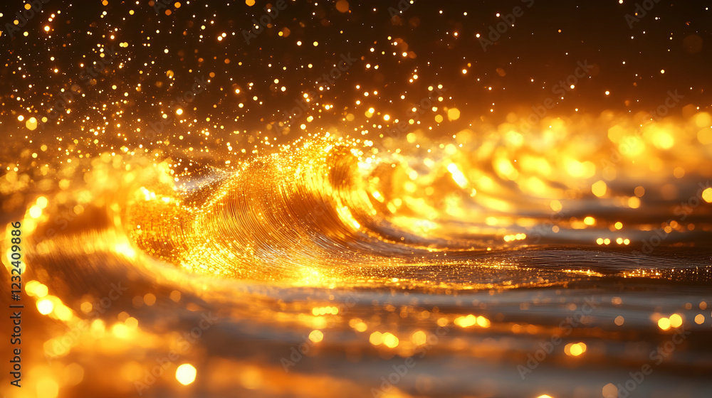 Poster golden wave flows with sparkling particles in dark background with bokeh effect