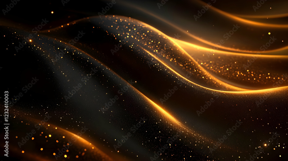 Poster abstract dark golden waves background flows smoothly with sparkling glitter particles