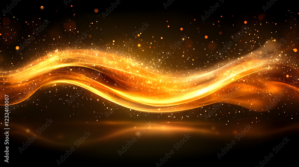 Poster golden wave of light flows elegantly across a dark background with sparkling particles