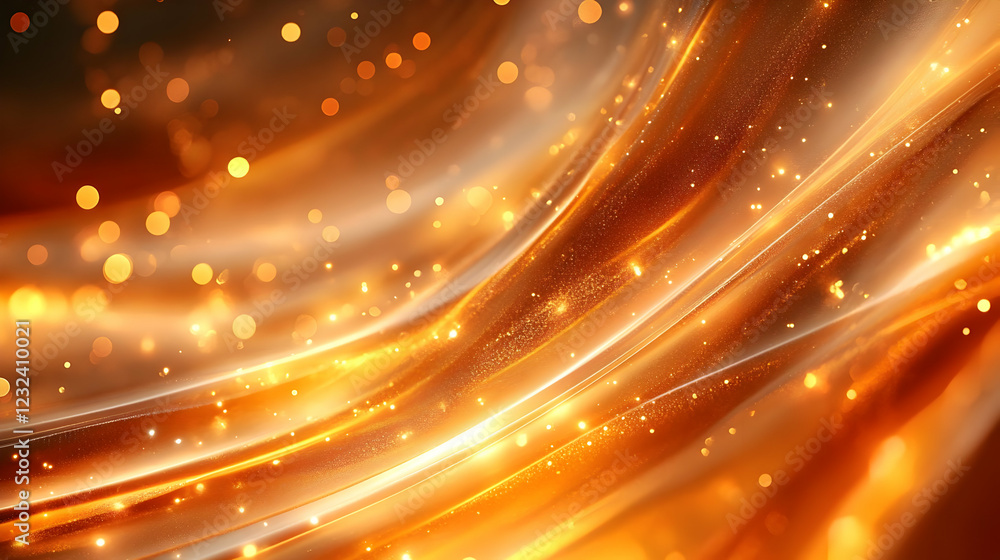 Poster abstract golden light waves flow smoothly with sparkling particles and bokeh effect