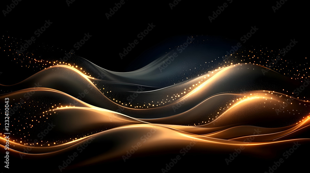 Poster abstract golden waves flow smoothly on a dark background with sparkling particles elegantly.
