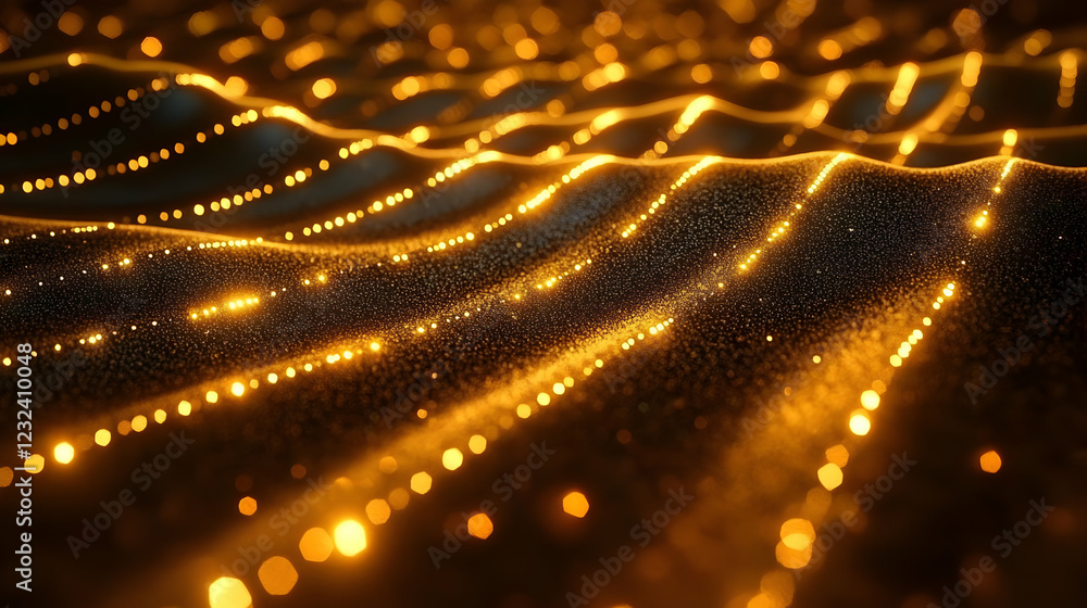 Poster abstract golden wave background flows smoothly and elegantly with sparkling particles