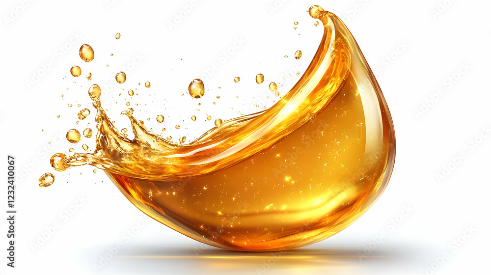 Poster golden liquid splash forms a dynamic, glossy sphere with bubbles on a white background