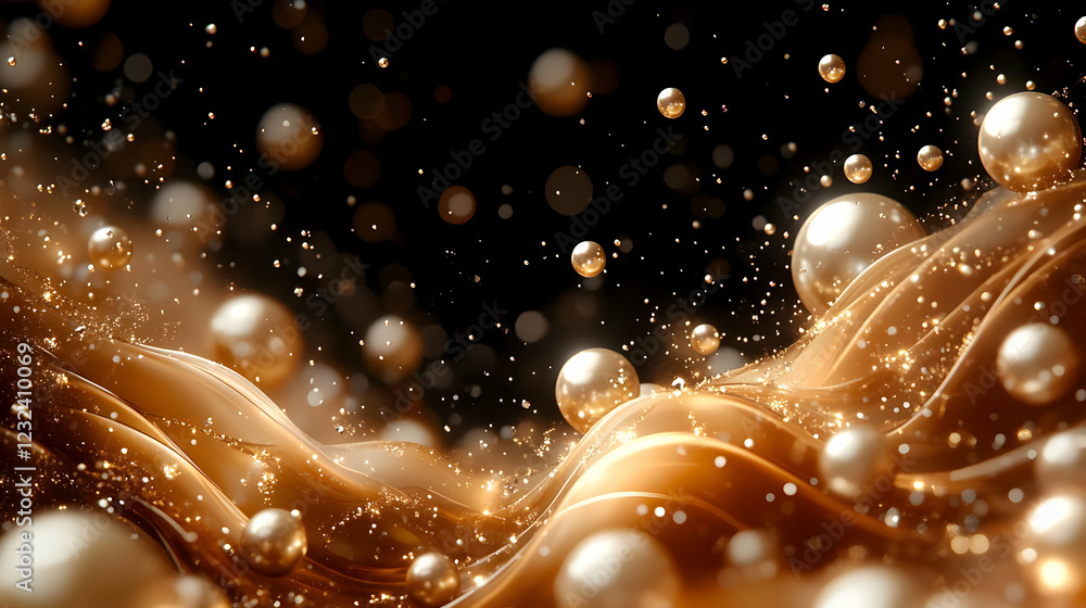 Poster 3d golden liquid flows with pearls and glitter dynamically on a dark background