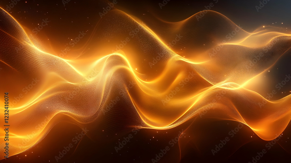Poster abstract golden waves flow smoothly across a dark background with sparkling particles