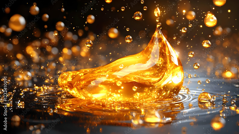 Poster golden liquid splashing and forming a crown-like shape with droplets on a dark background.