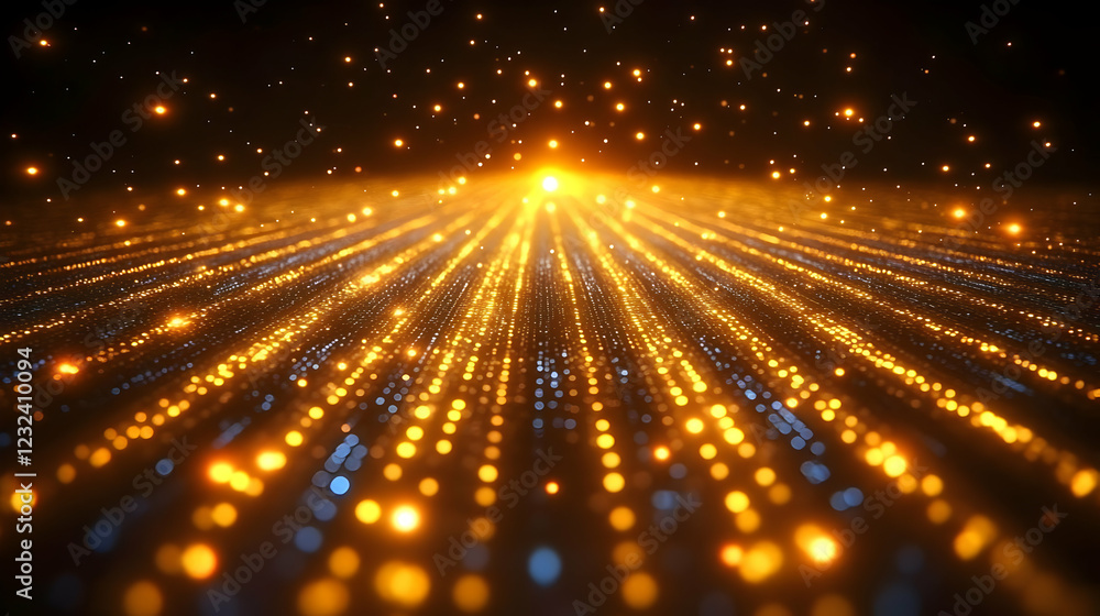 Poster abstract golden particles flowing towards light on dark background elegantly with particles