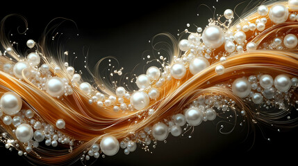Golden Hair Strands Flowing with White Pearls on a Dark Background