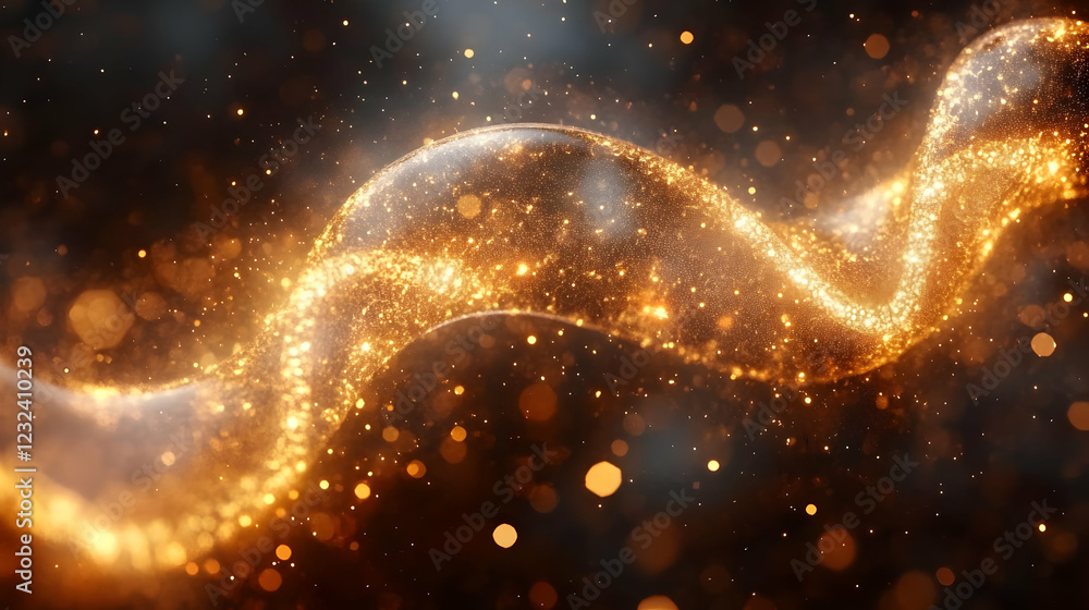 Poster golden swirling particles form a luminous abstract background with bokeh effects, creating a luxurio