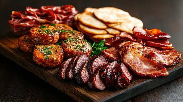 An exquisite charcuterie board showcases an assortment of meats beautifully arranged, perfect for gatherings and culinary presentations.