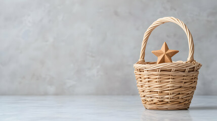 Star in wicker basket on marble, gray background