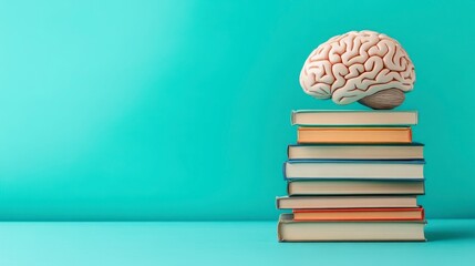 A model of a human brain sits on a stack of old books against a teal background. The image suggests learning, knowledge, and intelligence