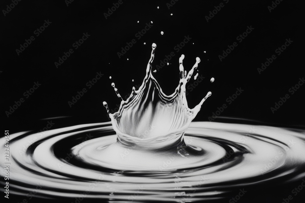 Poster an abstract depiction of a single droplet of water creating ripples on a still surface, symbolizing 