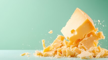 The image captures an explosive depiction of yellow cheese fragments scattered dynamically across a soft green surface, blending visuals with a sense of movement.