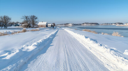 Snowy road to coastal houses, winter landscape