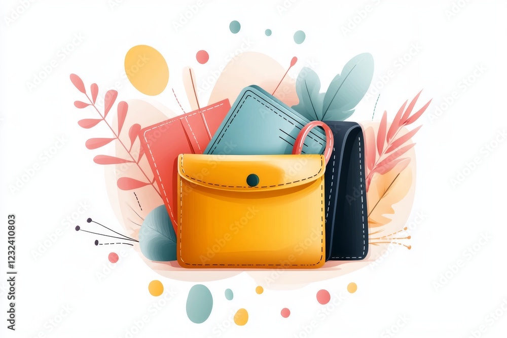 Poster An abstract icon of a wallet with arrows going in and out, drawn in clean lines and soft pastel tones