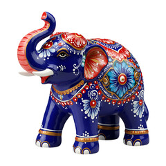 Obraz premium Decorated Blue Elephant Figurine with Colorful Floral Patterns On Transparent Background 