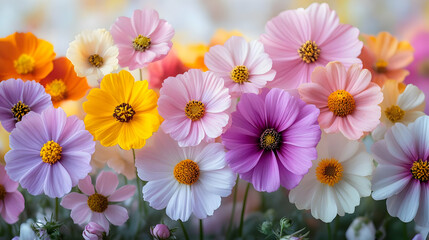 Obraz premium Colorful Cosmos Flowers Bloom Beautifully in a Garden Setting with Soft Bokeh Background.