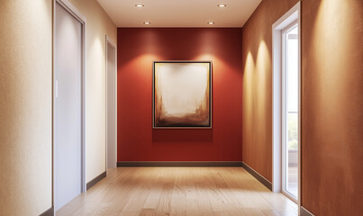 Minimalist interior design hallway modern apartment artwork display soft lighting contemporary aesthetic
