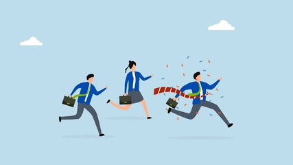 4k animation of Businessman winning race celebrate victory at finish line